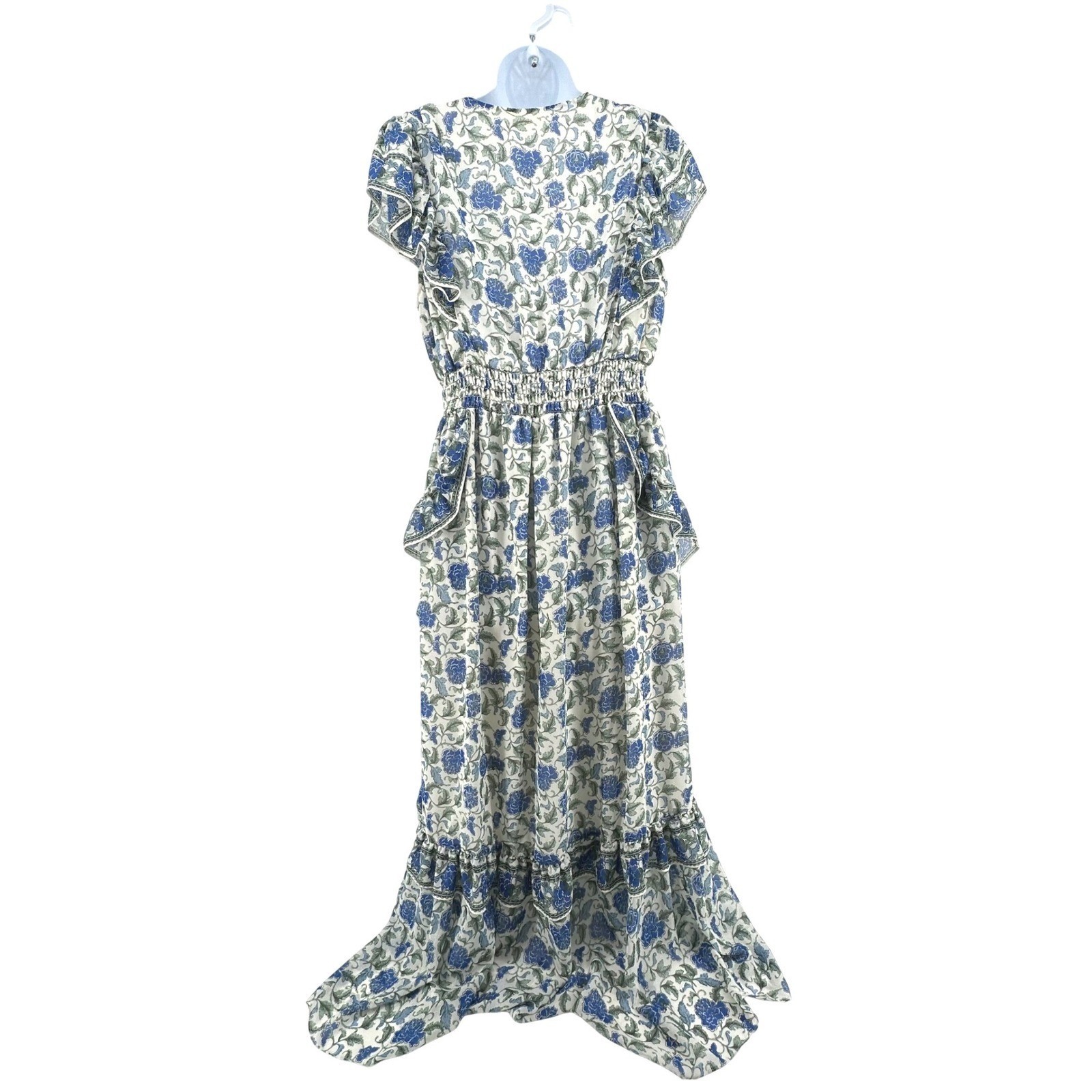 Max Studio Floral Ruffle Maxi Dress High Low L Blue White Prairie Garden Party