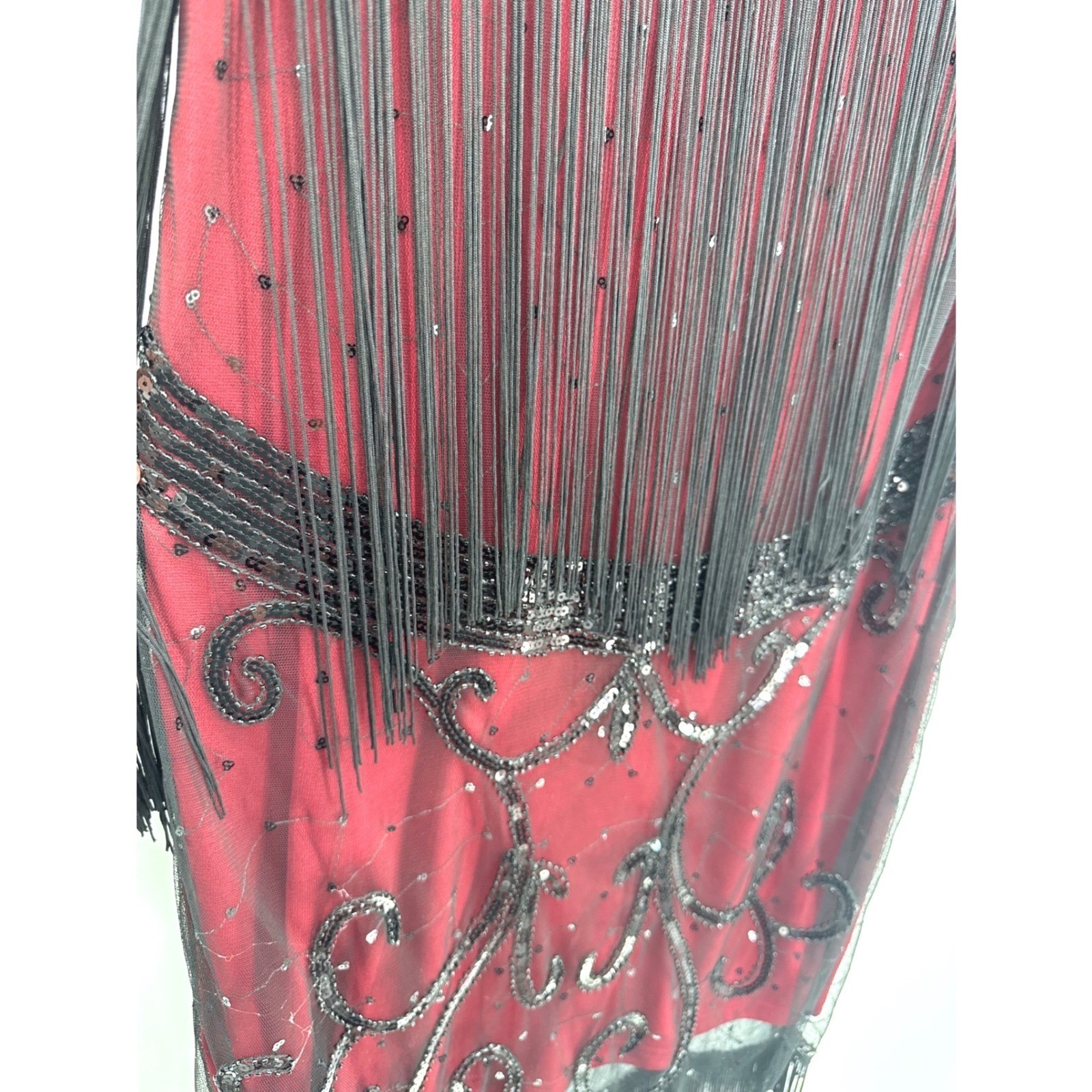 Flapper Sequin Great Gatsby 1920’s Style Fringe Dress Large Red Black Sequin