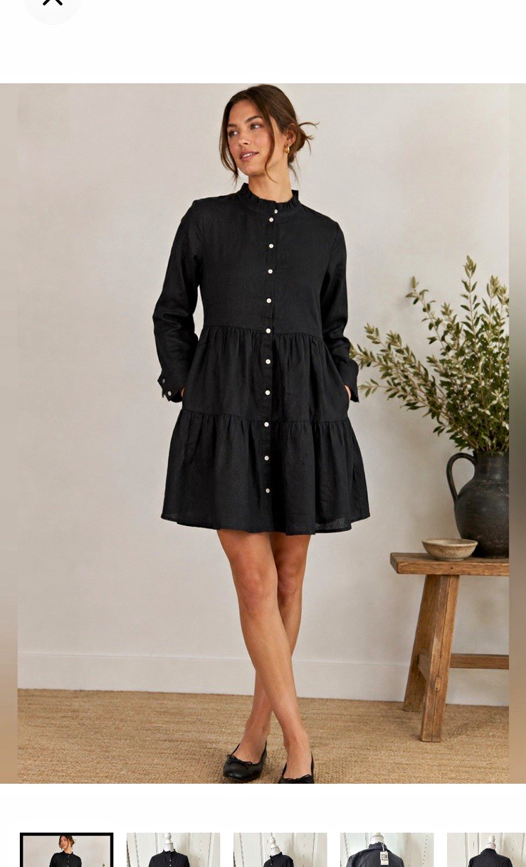 Alice Walk Black 100% Linen Shirt Dress S Long Sleeve Tiered Pockets