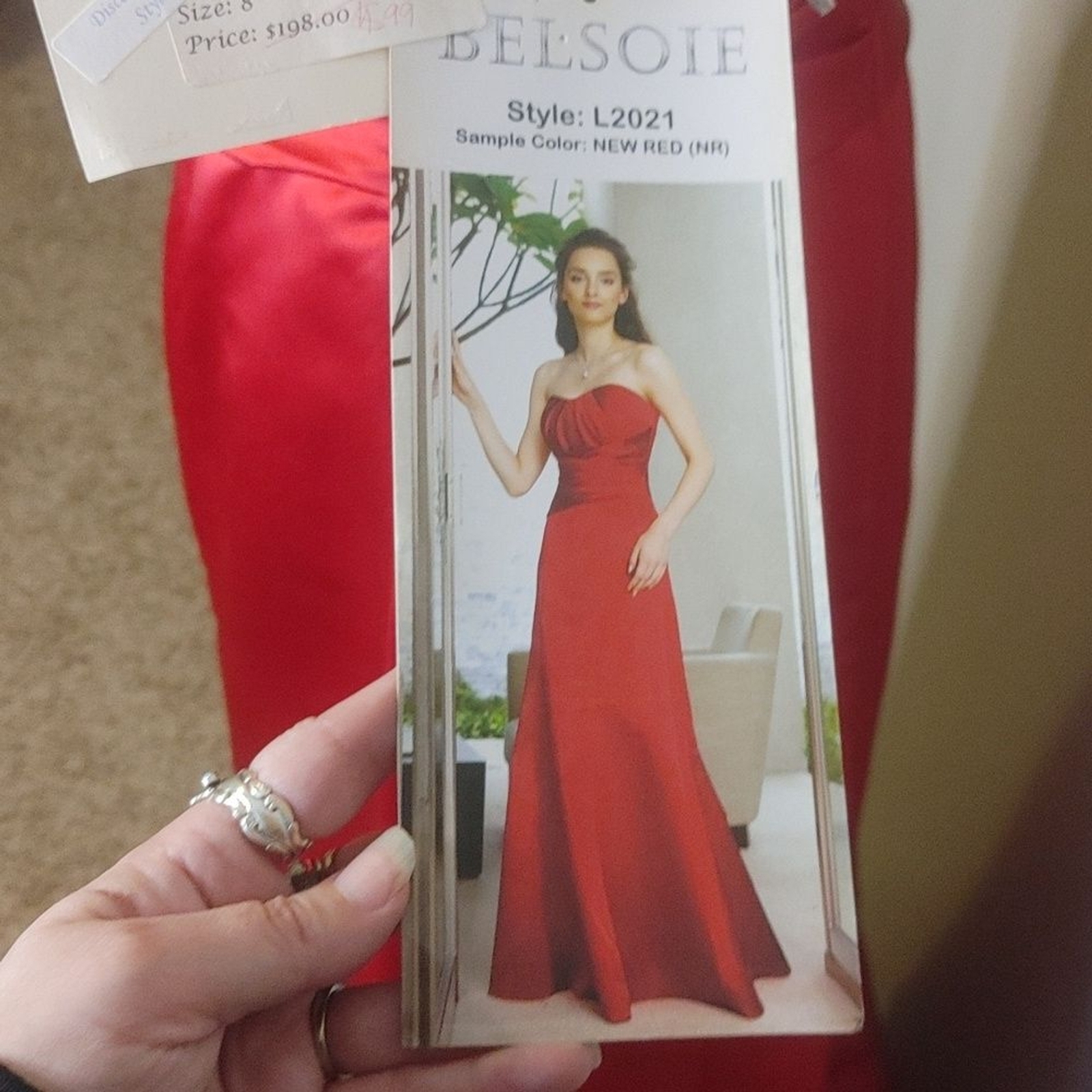 NWT Belsoie Red Satin Sweetheart Neckline Strapless Full Length Dress 8