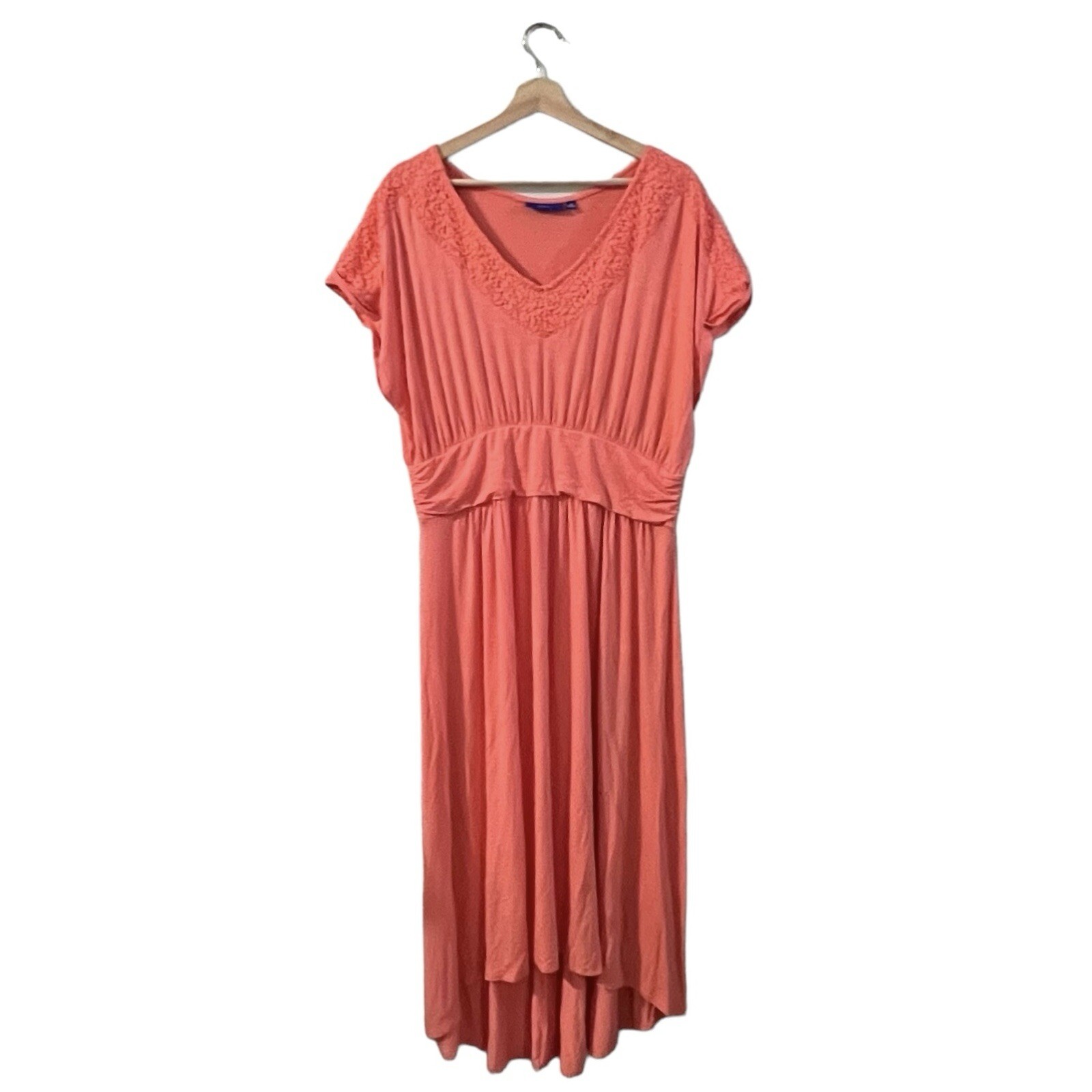 APT. 9 Knit Maxi Dress Size XL Bright Coral Salmon Pink Lace Empire Waist