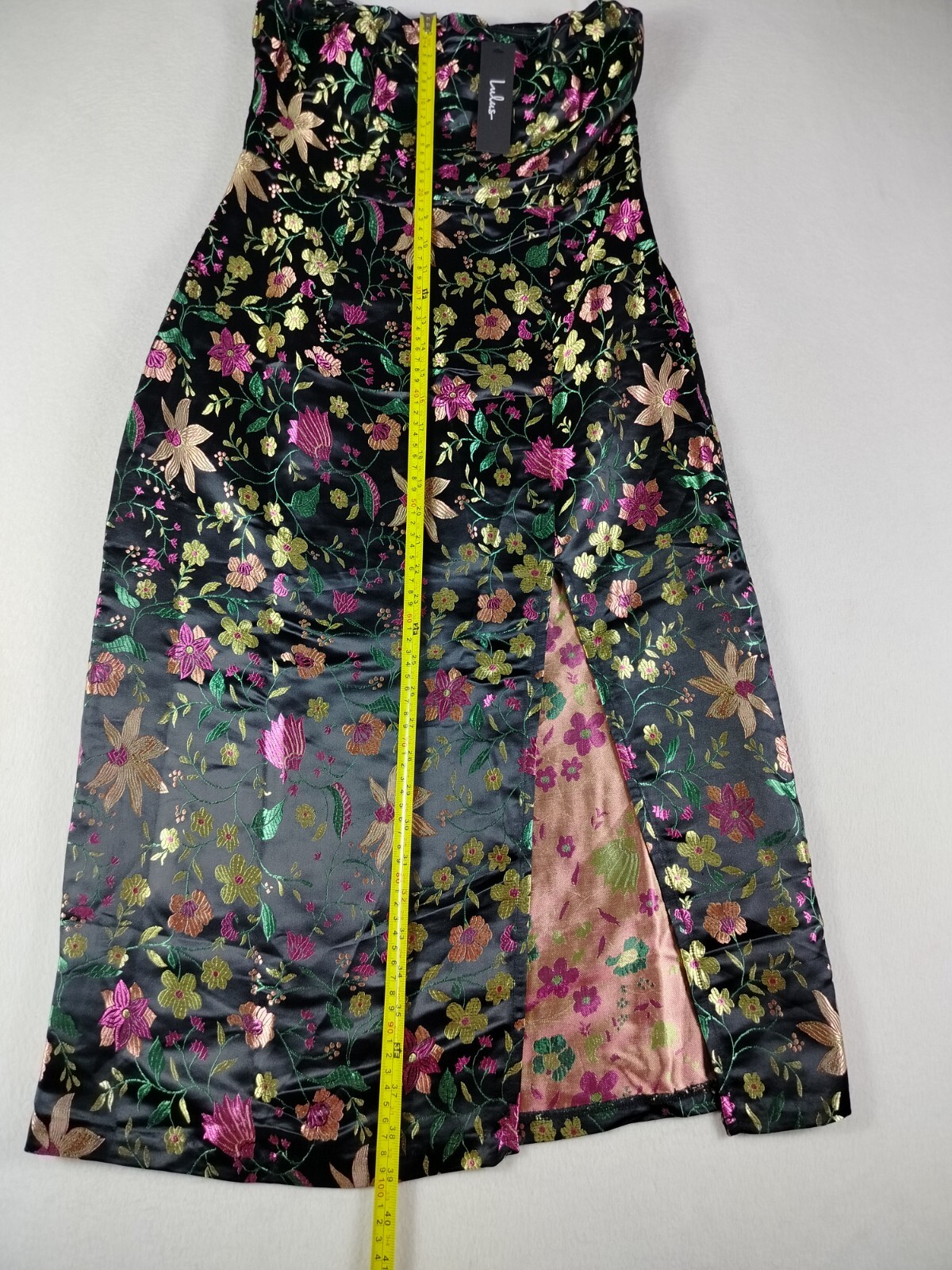 Lulus Midi Dress Women Medium Make a Move Black Satin Floral Jacquard Strapless