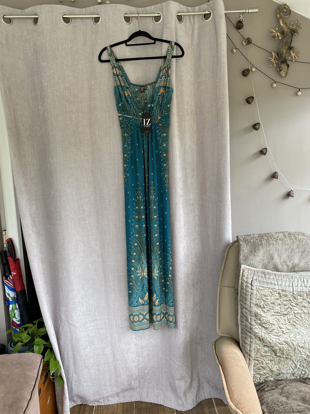 Izabel Size 12 Teal Green & Orange Print Maxi Dress Long Empress Line Bust BNWT