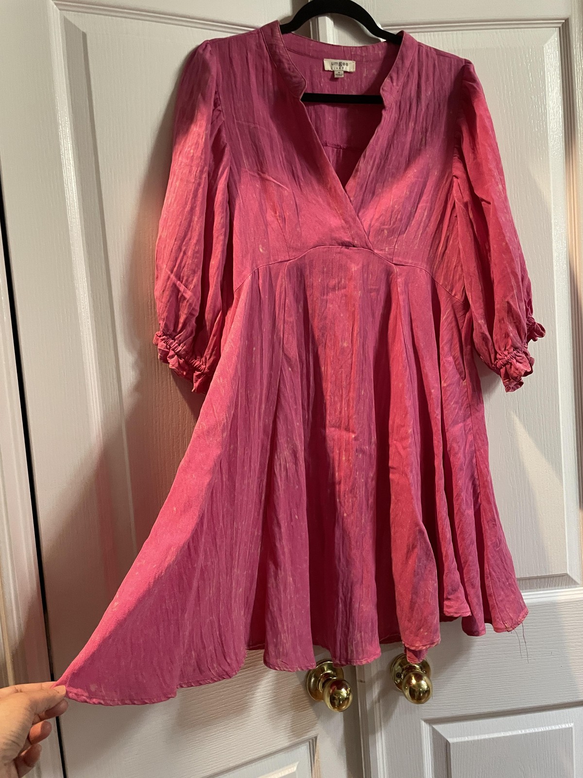UMGEE Dress Womens Medium Pink Swing Boho Mini V Neck 3/4 Puff Sleeve Trapeze