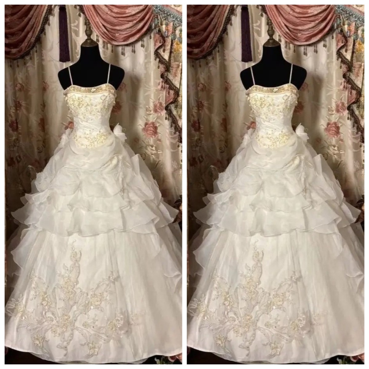 Victorian Evening Dresses White Gold Beaded Floral Lace Applique Party Prom Gown
