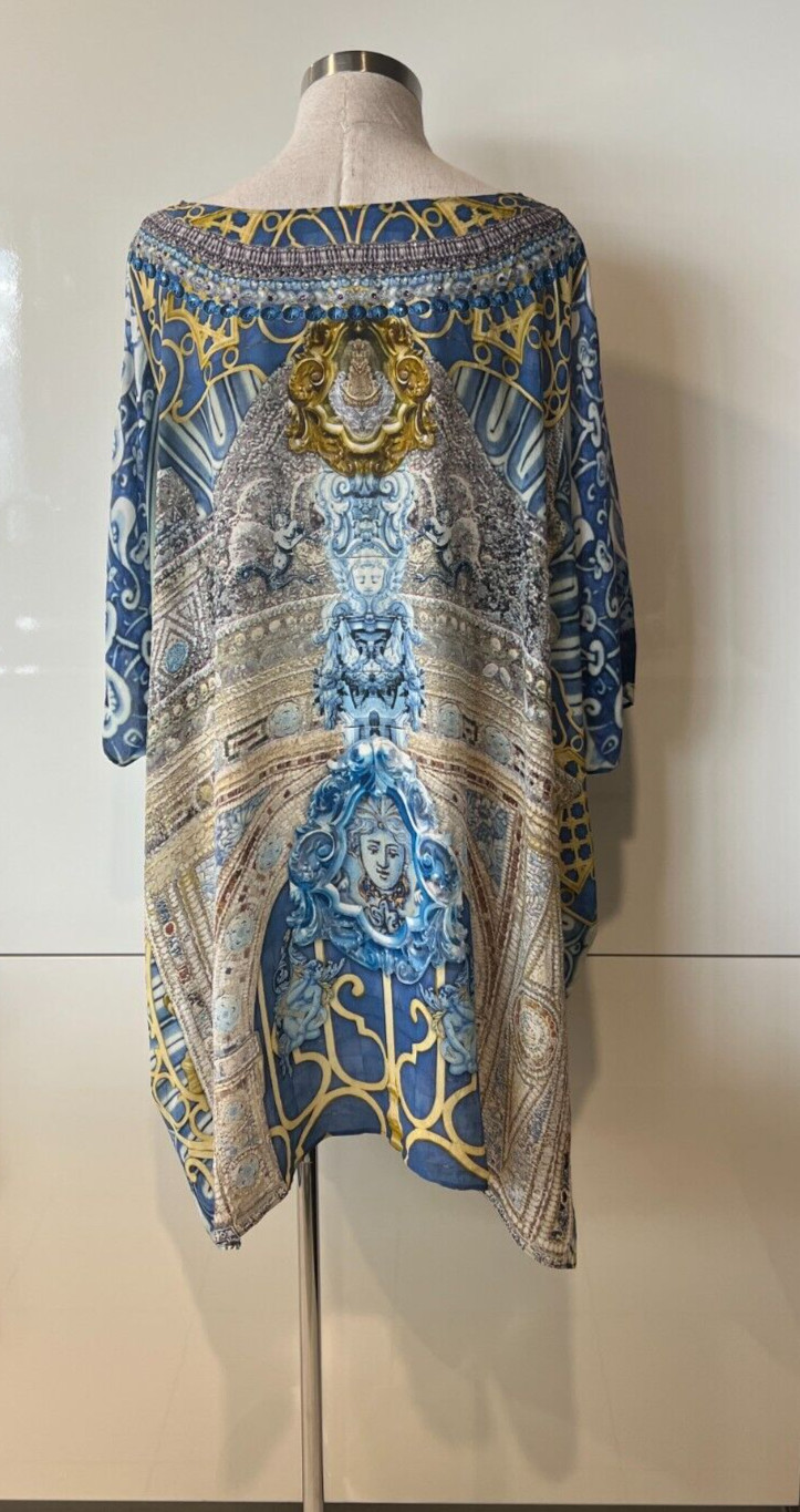 CAMILLA Blue/Yellow Medusa Print, Beads,Crystals Kaftan Dress ONE SIZE