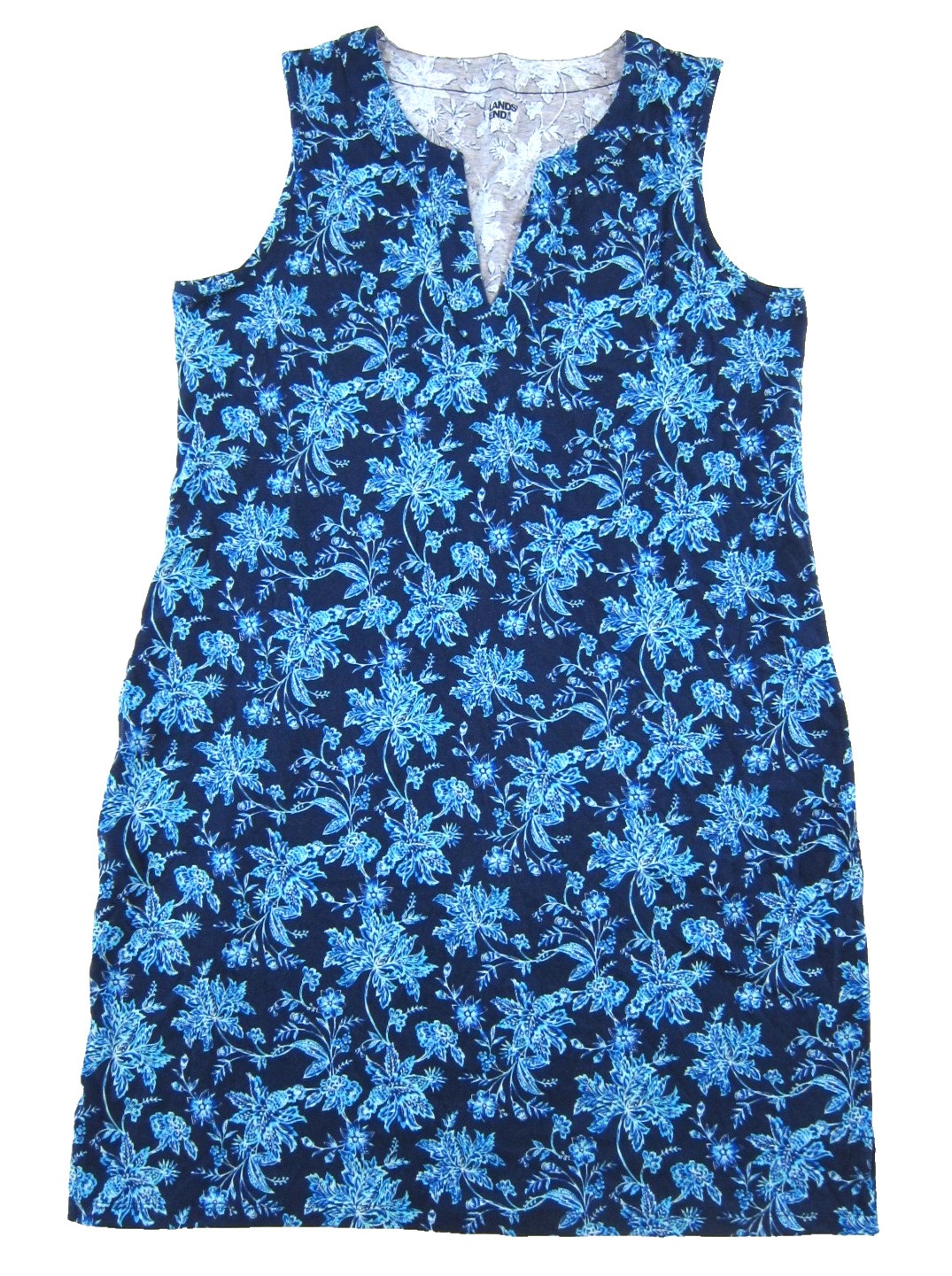 Lands’ End Blue Floral 100% Cotton V-Neck Pocket Sleeveless Tank Shift Dress L