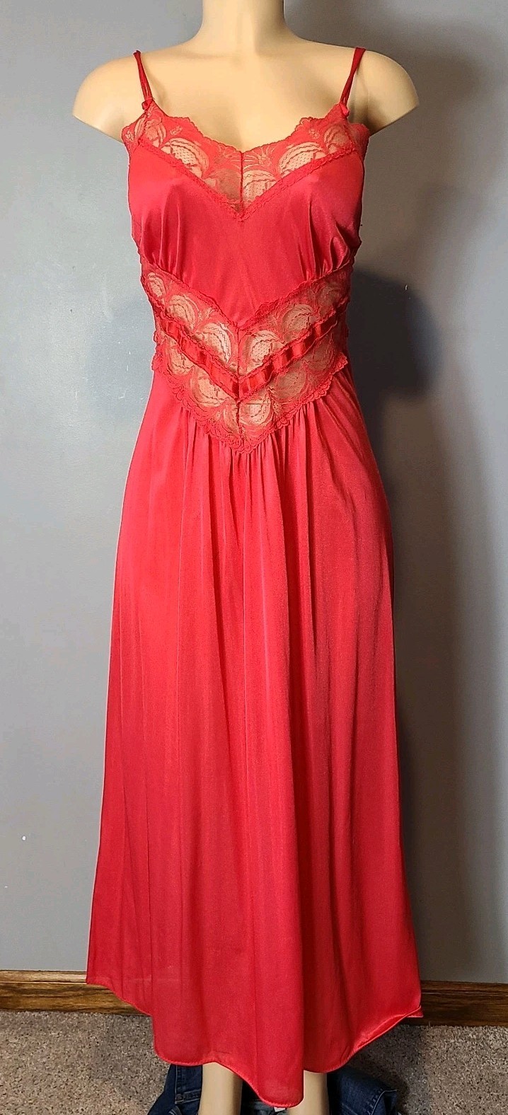 Vtg Satin Slip Dress Lace Basque Waist Chemise Maxi Jewel Red Victorian Large