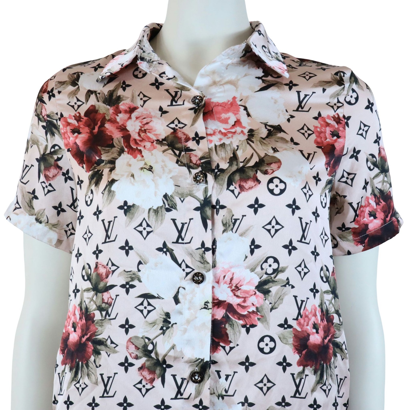 Louis Vuitton Pink Floral Monogram Shift Shirt Dress Button Up Women’s 42 US 10