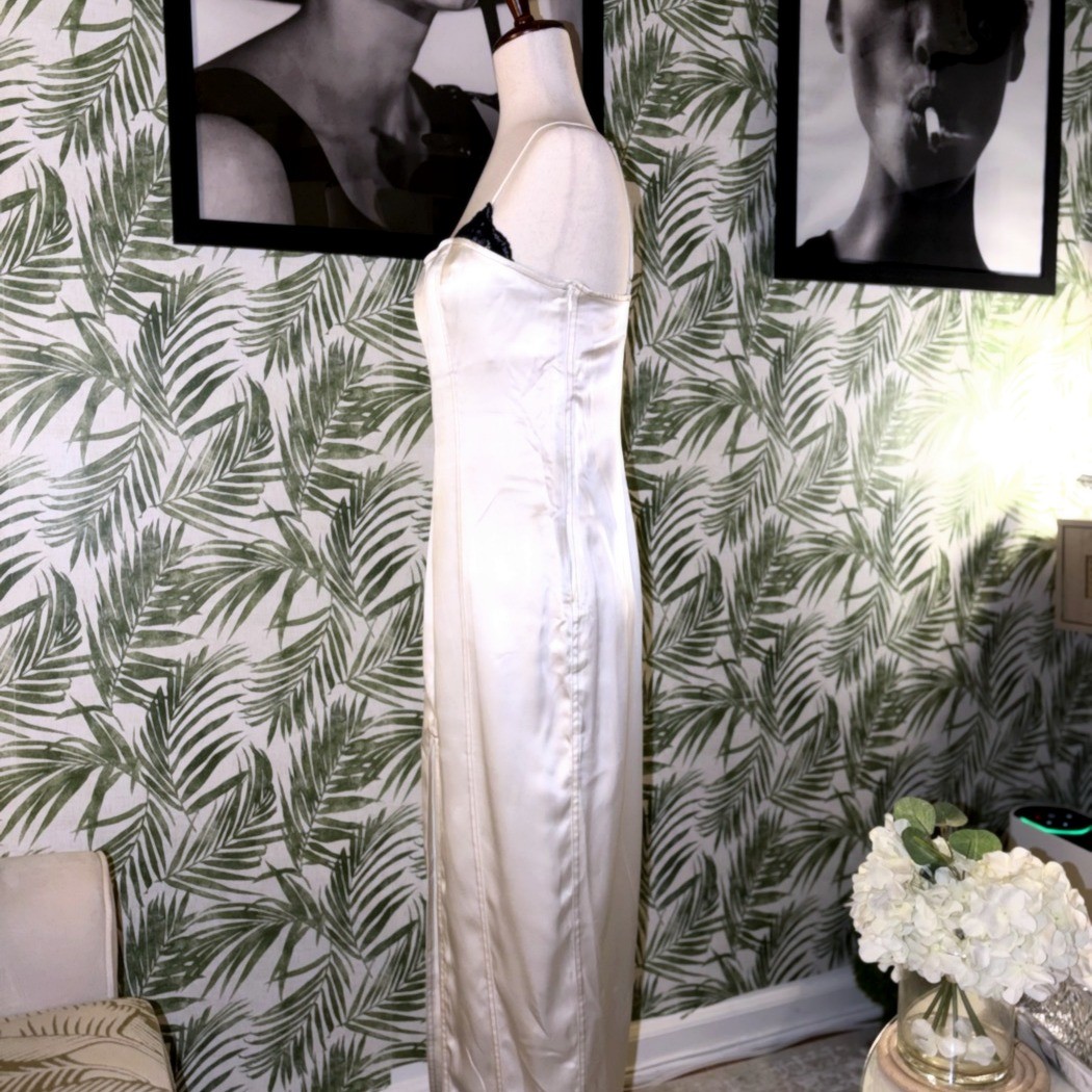Fleur du Mal Ivory Satin Slip Dress Black Lace Trim Bias Midi Womens Size 8