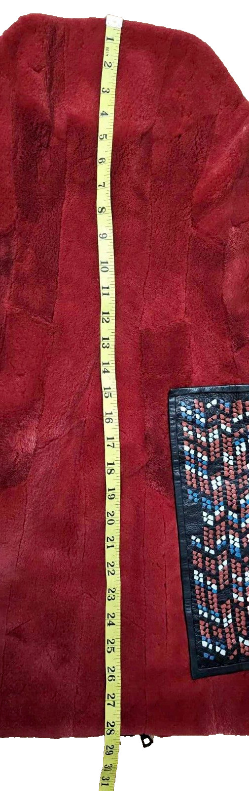 Vintage Red Shearling Fur Strapless Mini Dress w/ Beaded Leather Pocket Size M