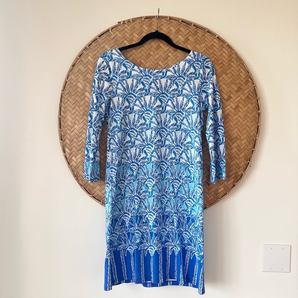 WOMEN’S LILY PULITZER TROPICAL PALM TREE VACATION BAY DRESS IN WHISPER BLUE