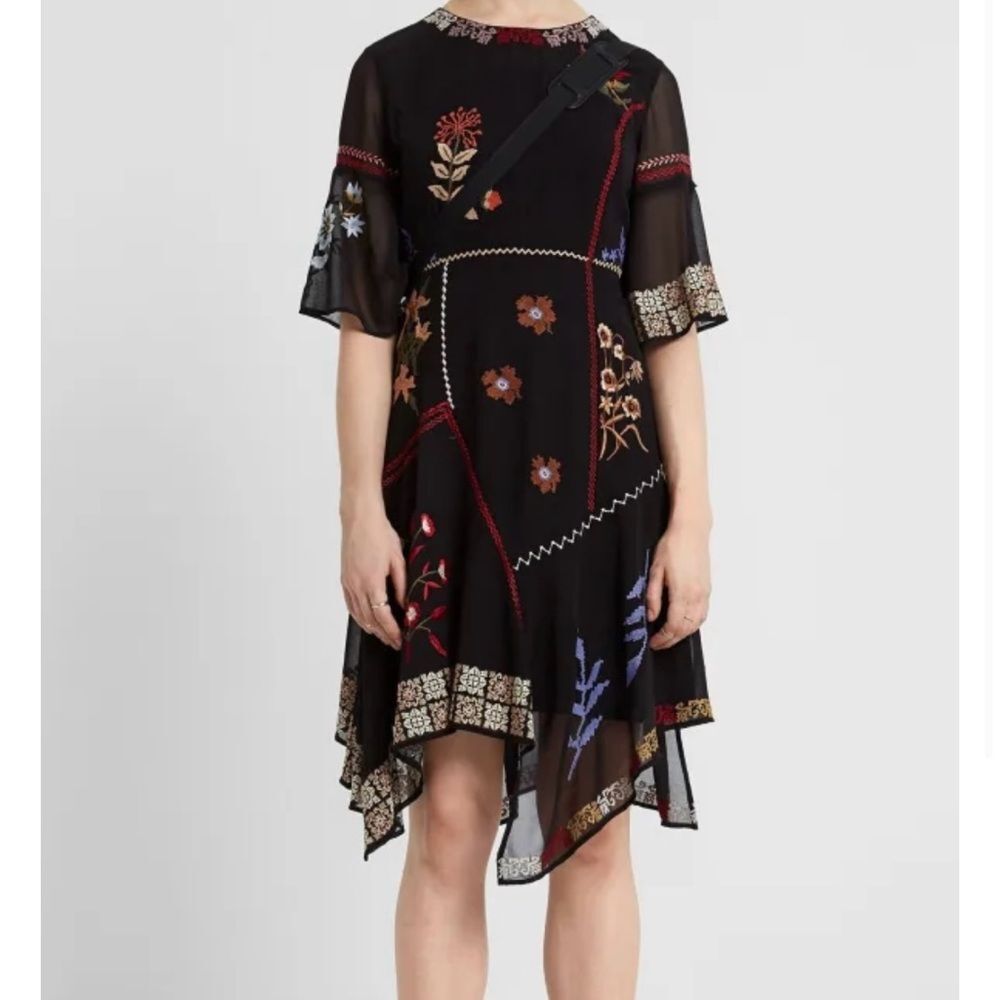 Desigual Boho Lemark Asymmetrical Cross-stitch Dress Size EU 42=8 Black Floral