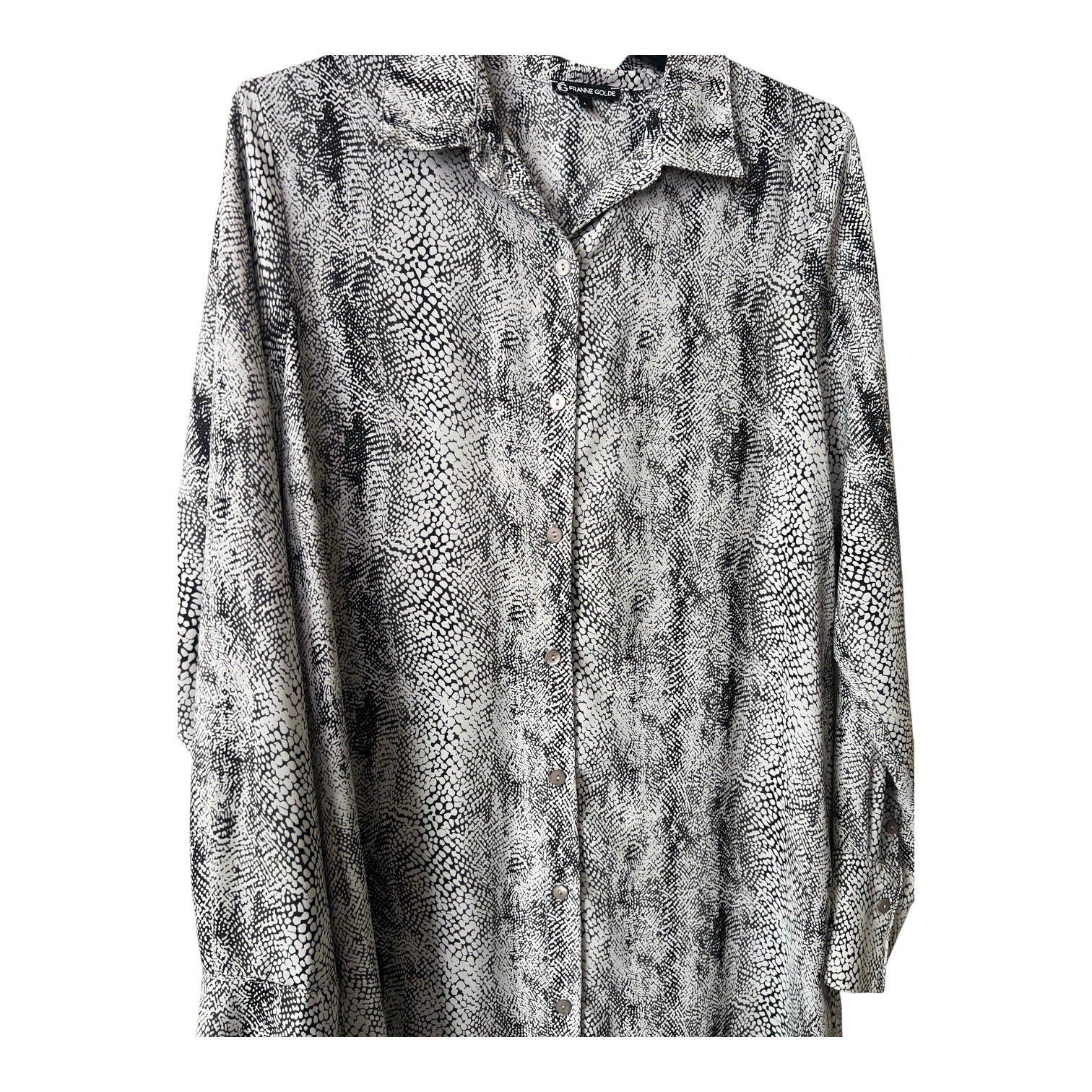 Franne Golde Snake Skin Print Shirt Dress Women’s L Black Gray Button Up
