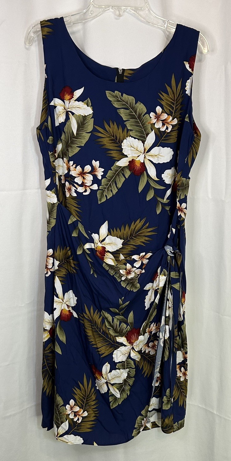 VTG Womens Two Palms Hawaiian Tropical Floral Navy Dress Sarong Side Wrap Size M