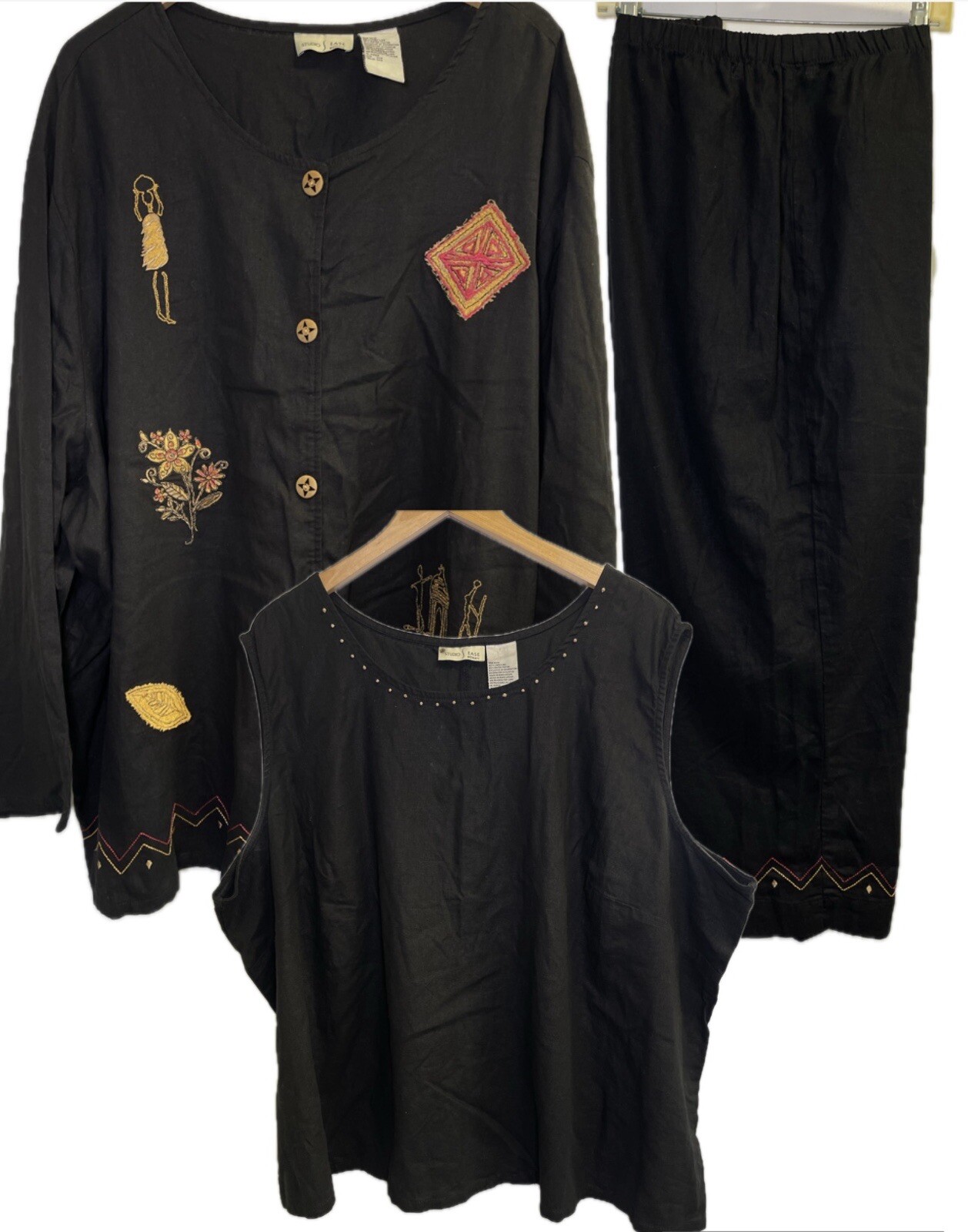Vintage Studio Ease Woman 34W Linen Blend Embroidered 3 Pc Set Pants Top Jacket