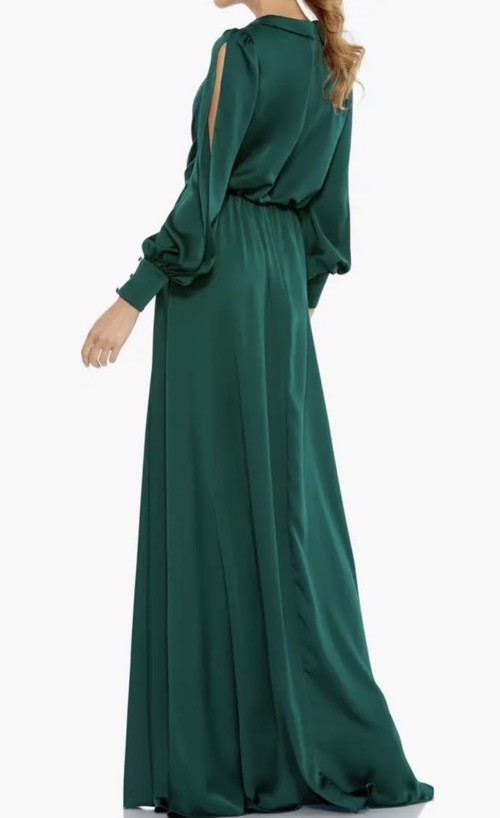 Mac Duggal Womens Emerald Green Satin Cinched Waist Dress, Bishop Sleeve, US 10