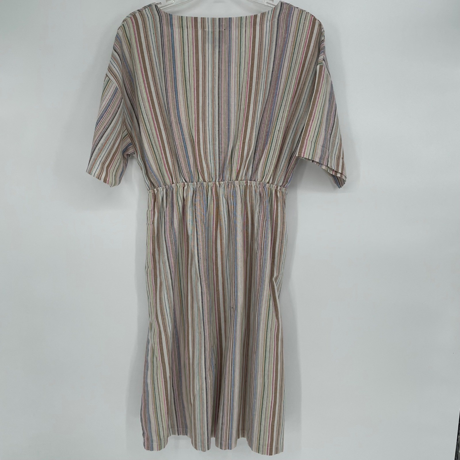 LUMIERE Striped Tie Front Midi Dress Women’s Size M Linen Cotton Blend