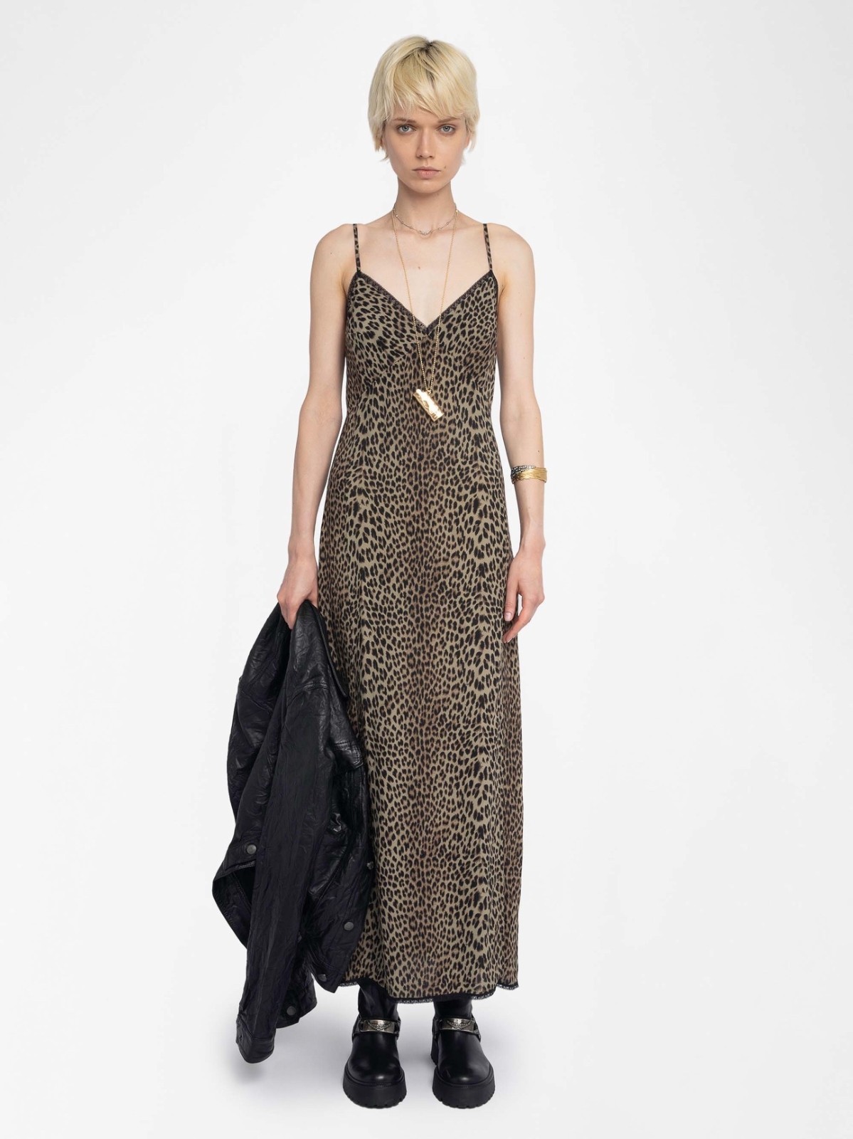Women Zadig&Voltaire Leopard Print Backless Slit Slip Midi Suspenders Dress XS-L