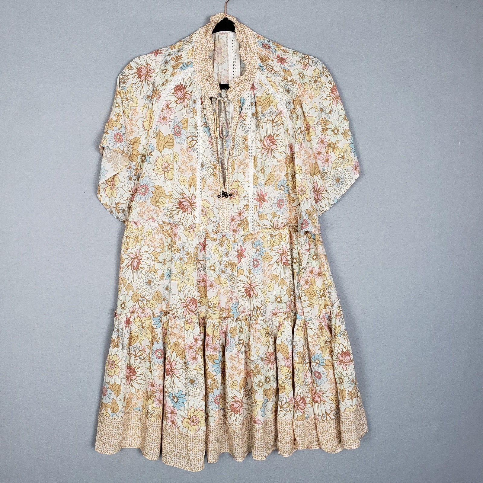 Olivaceous Size L Tiered Mini Dress Muted Boho Floral Print Summer Flowy Coastal