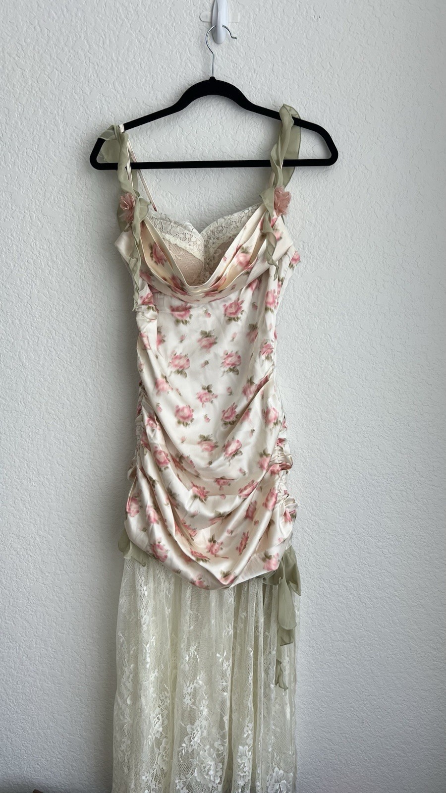Lacemade L Oceanides dress Ruched Ruffle Lace-Up Cowl Neck Midi Slip Dress