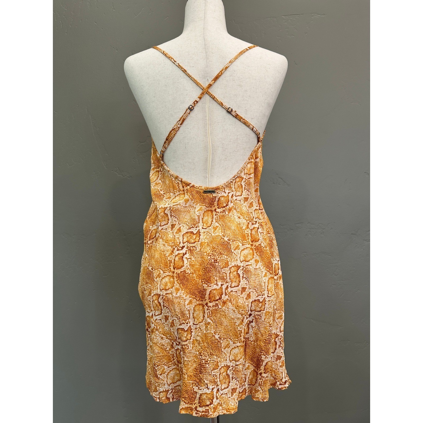 Billabong Snakeskin Print Mini Dress Criss Cross Back Small Yellow Boho Chic