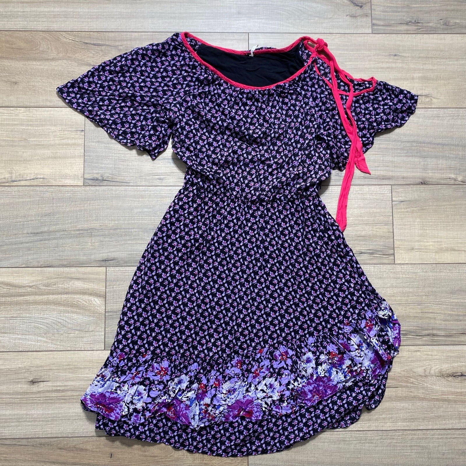 Free People Womens One Off Shoulder Ruffle Floral Dress Size Small Black Purple