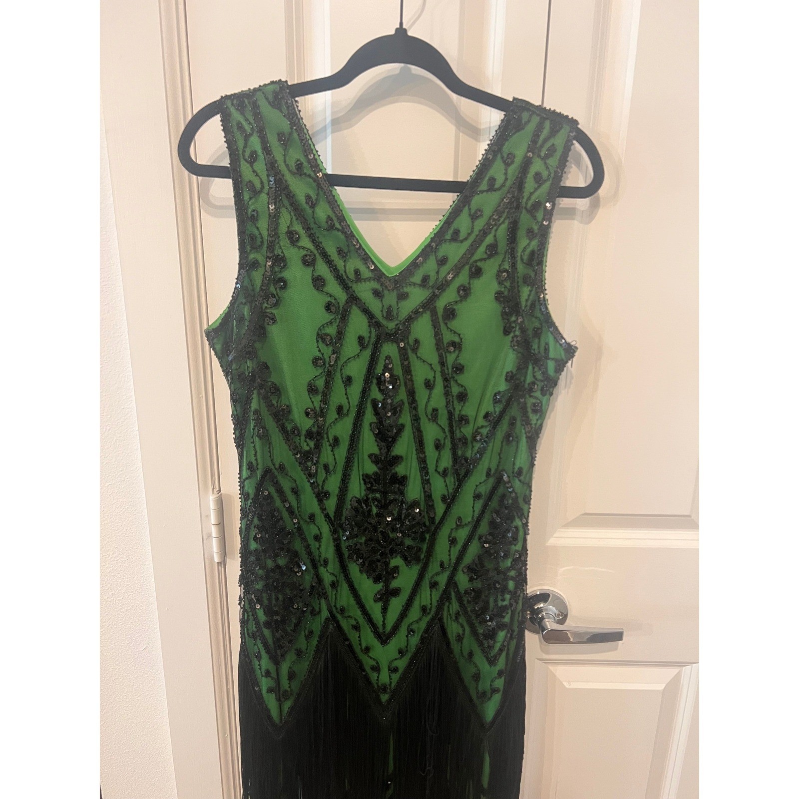 PrettyGuide Green Black Sequin Fringe Flapper Dress 1920s Gatsby Style L (1098)