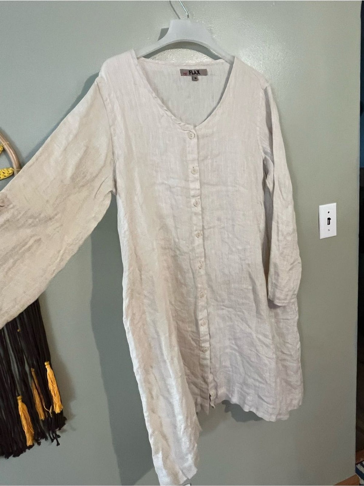 Flax Linen Button-Front Long Roll Top Sleeves Dress Coastal Beige Oversized M