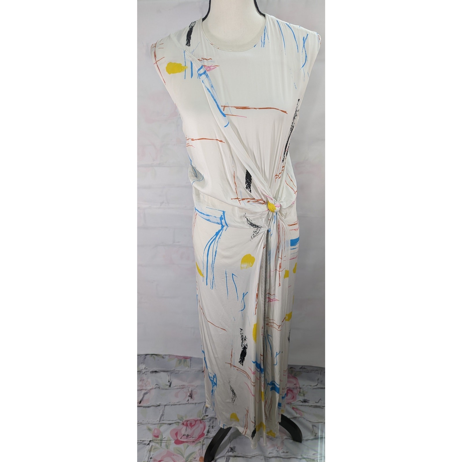 Cedric Charlier Dress Silk Fantasy Print abstract blend sleeveless slit Size 12