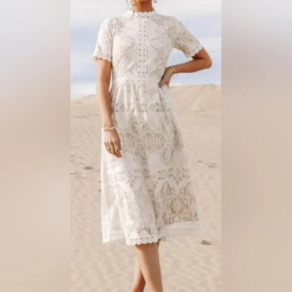 Böhme Women’s Short Sleeve Lace Lined Midi Dress in White Size Small – NWT