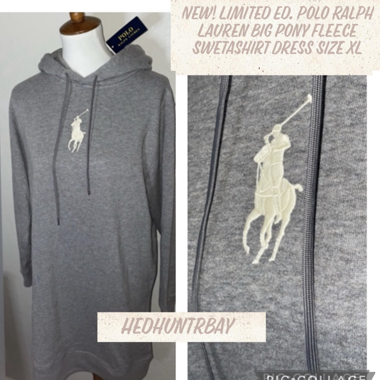 New! Polo RL Embroidered Big Pony Gray/Cream Fleece Sweatshirt Dress X-Large🐎