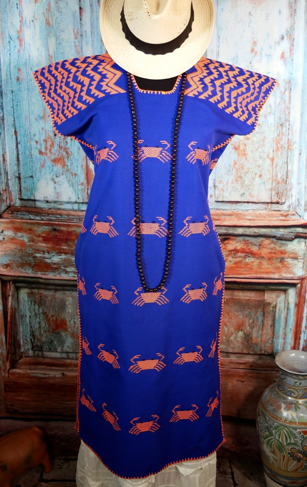 M/L Huipil Kaftan Handwoven Blue & Orange Crabs San Juan Colorado Oaxaca Mexico