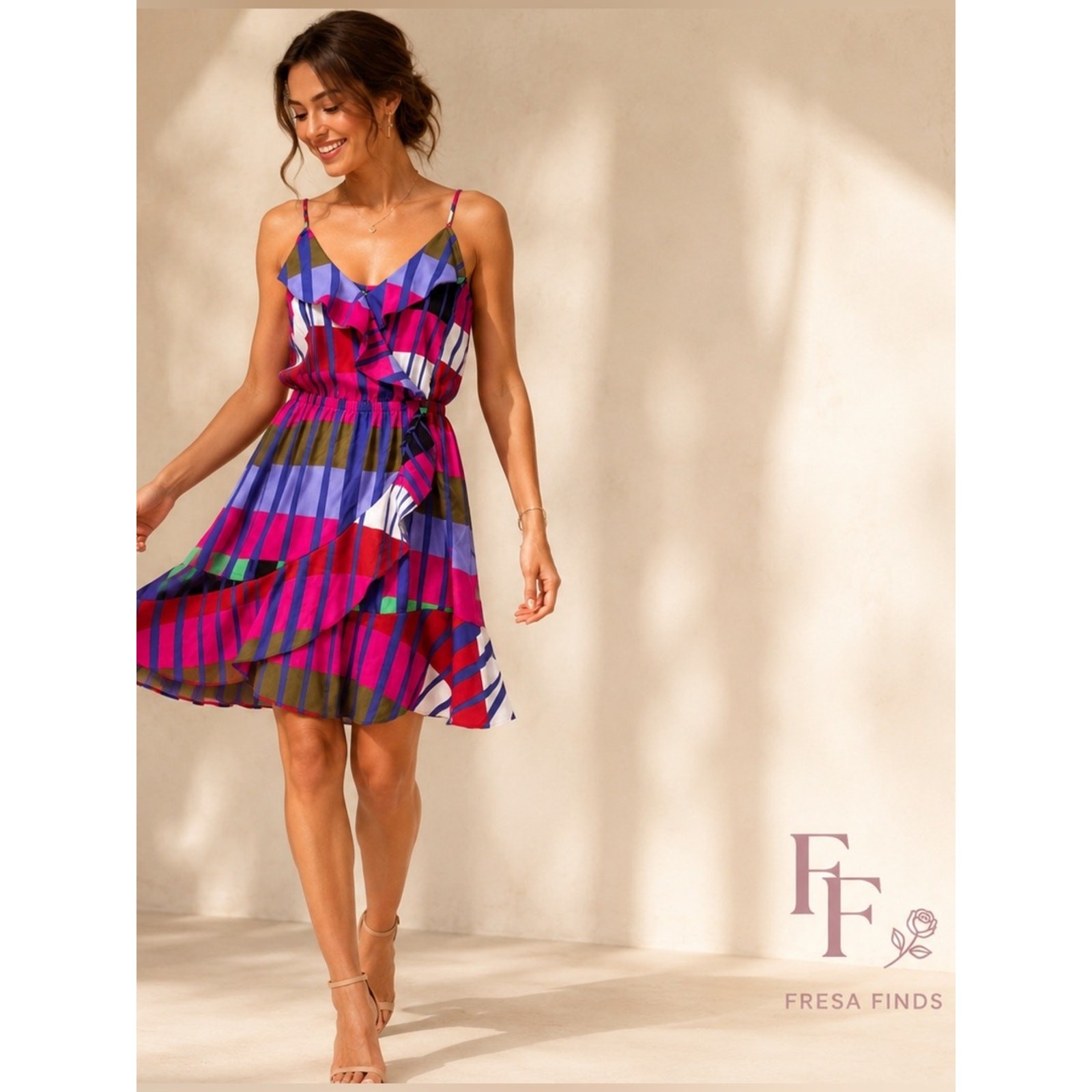 Express Geometric Print Ruffle Wrap Dress XS Pink Blue Multicolor Sleeveless