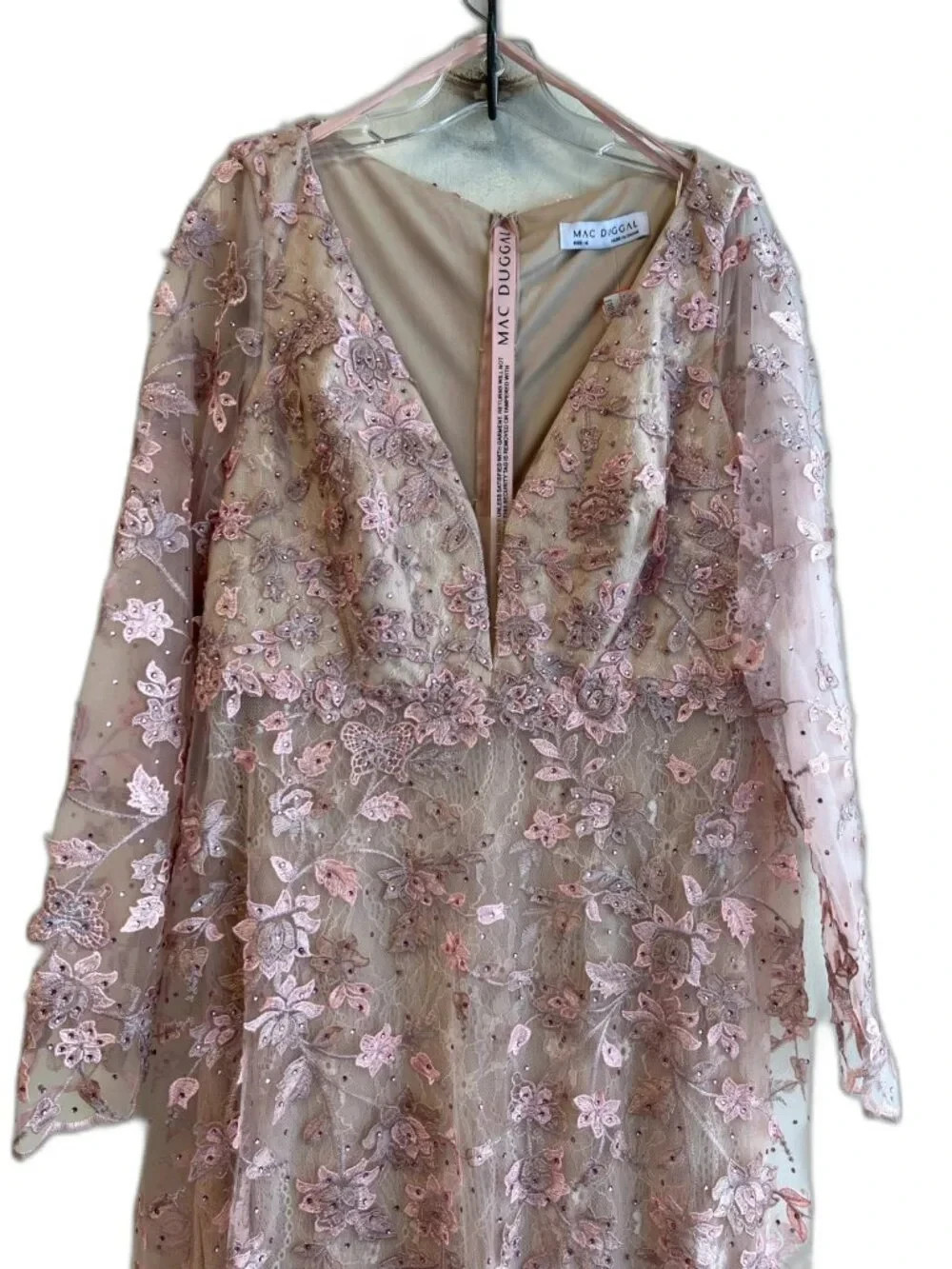 Mac Duggal 70224 Floral Applique Long Sleeve Illusion Gown Rose Pink Size 12 NWT