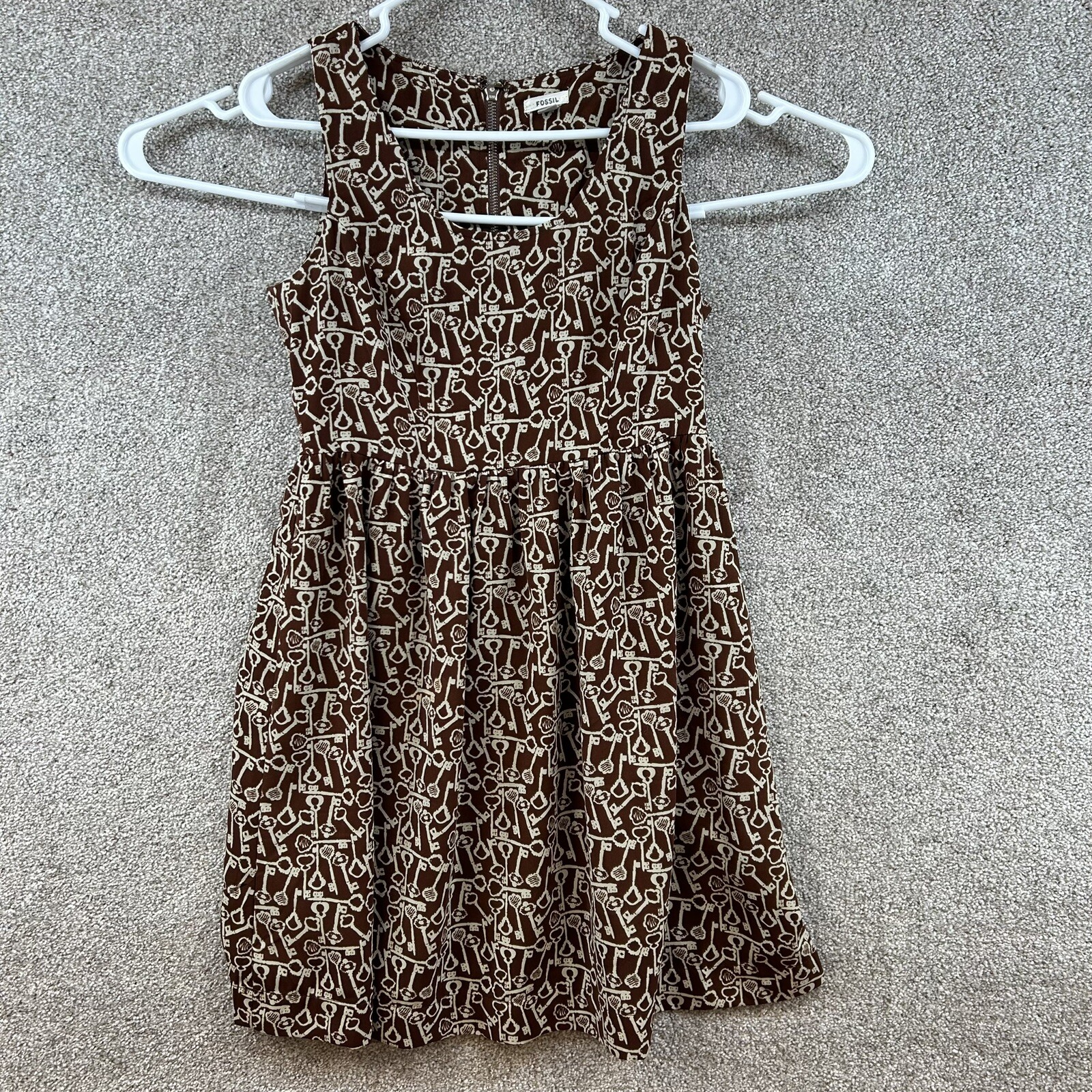 Fossil Women’s Dress Size Small Brown Tan Key Print Sleeveless Ladies