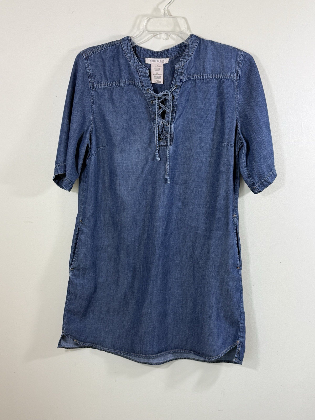 Philosophy Denim Shift Dress Womens XL Blue Tencel Lace Up Pockets Boho Coast