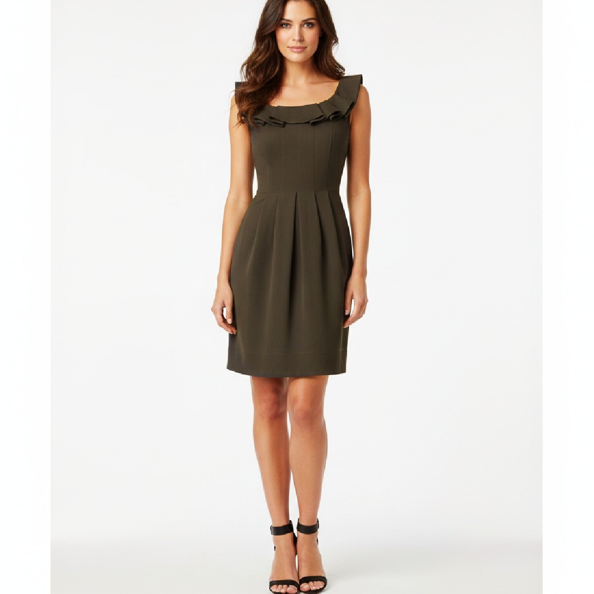 Shoshanna Pleated Ruffle Neck Sleeveless Dress Sz 4 Chocolate Brown Office Party