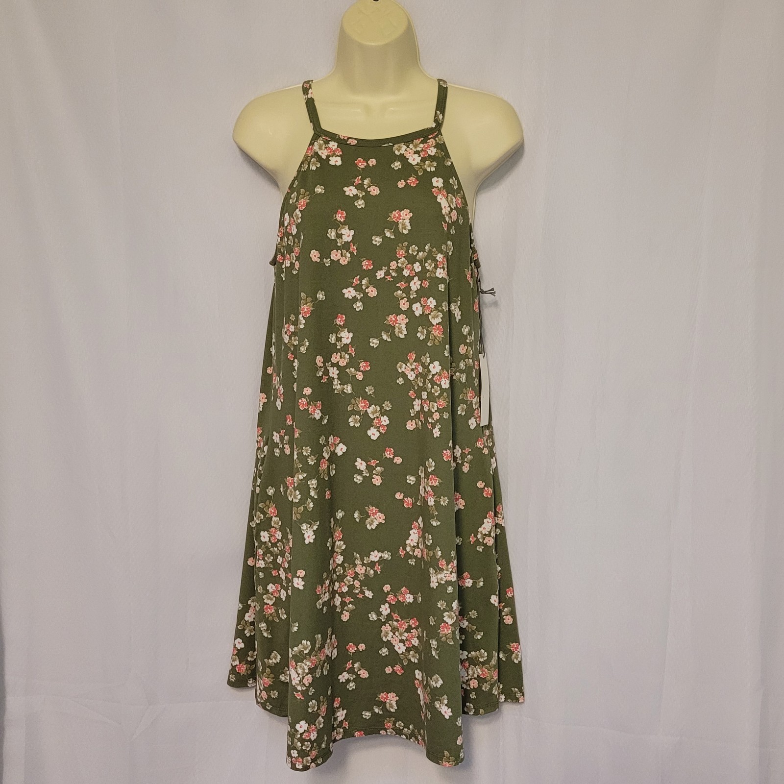 NWT Nine Britton Olive Green Floral Strappy Shift Trapeze Dress Above Knee Sz M