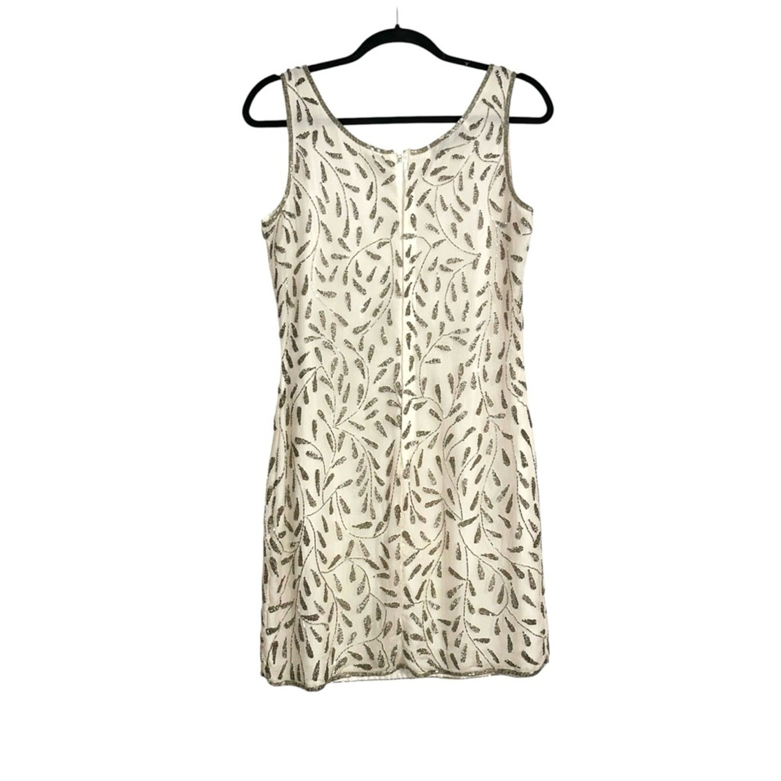 Scala Vintage Silk Cream Embellished Glass Beaded Sleeveless Mini Dress G2U