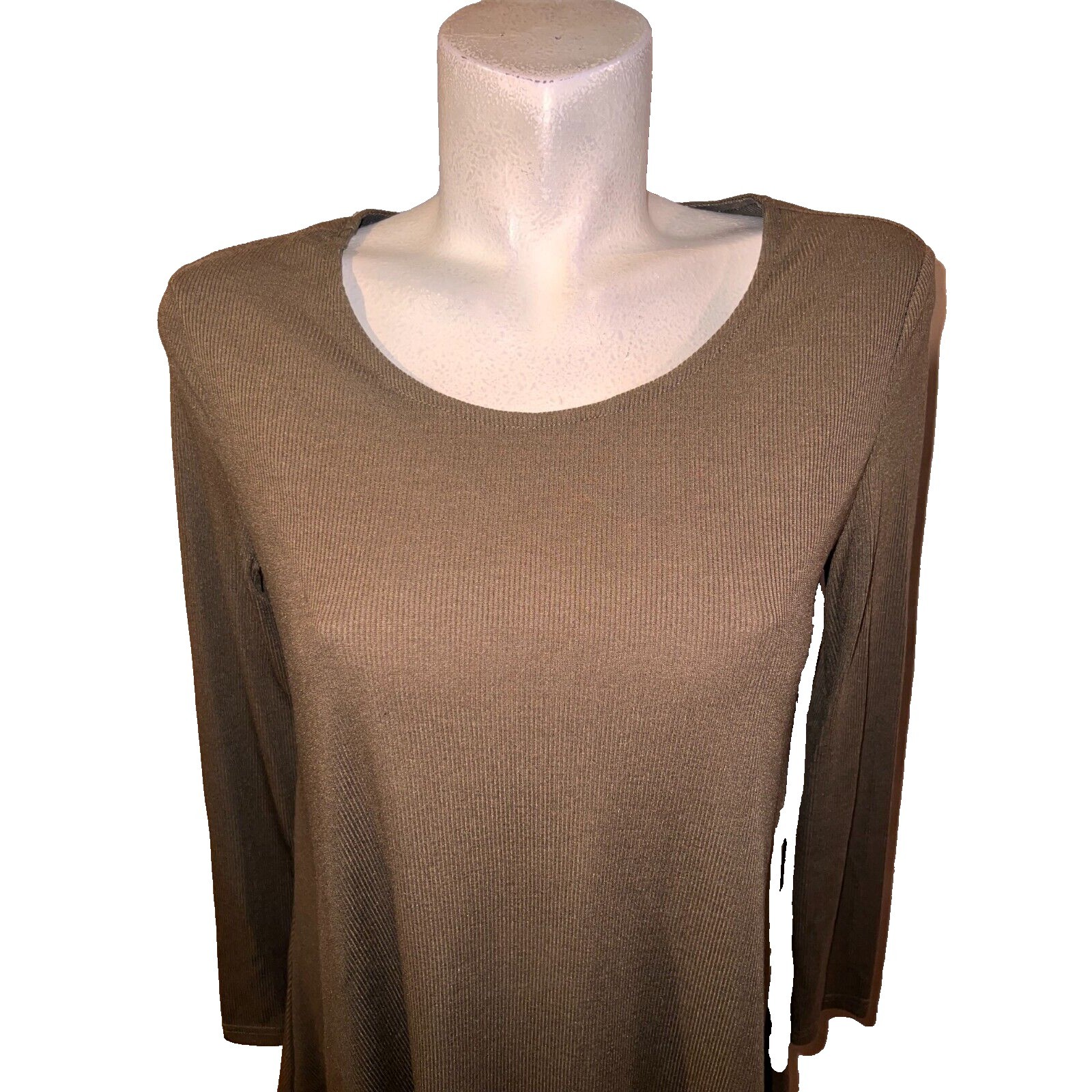 Brown Ribbed Knit Bow Back Layered Chiffon Hem Long Sleeve Tunic Mini Dress S