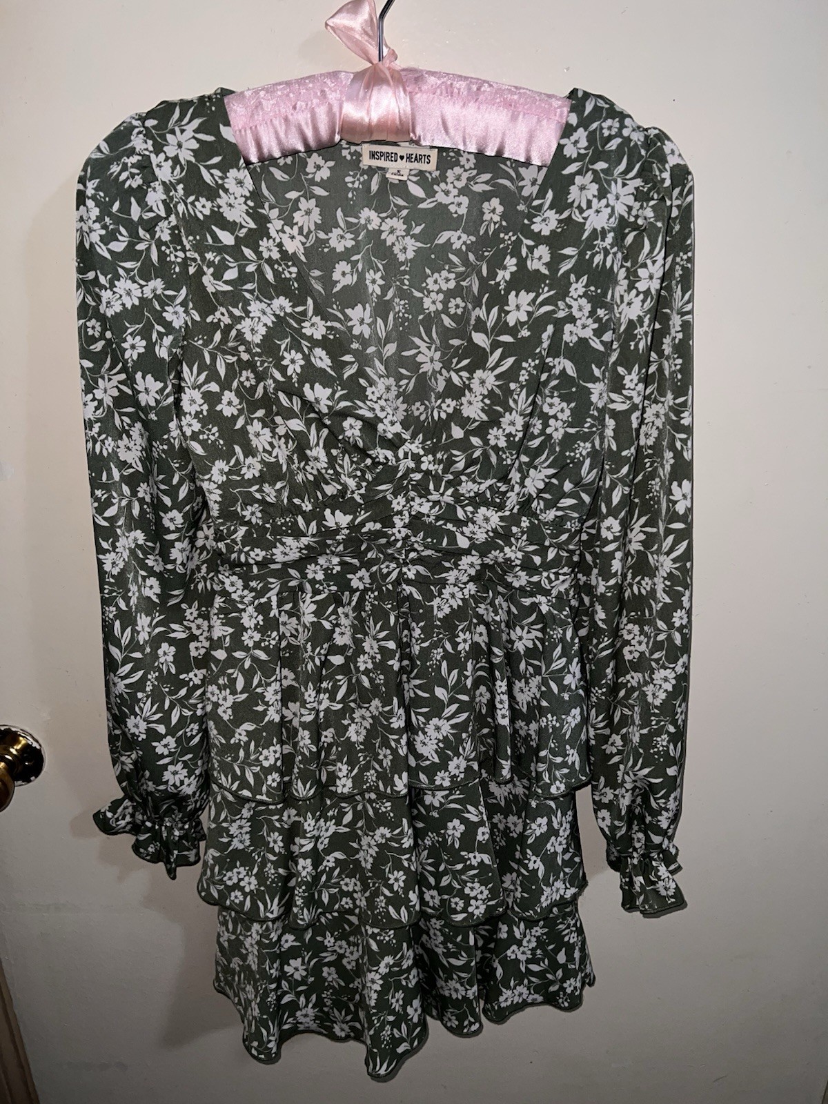 Inspired Hearts Green White Floral Smocked Ruffle V-Neck Mini Dress S