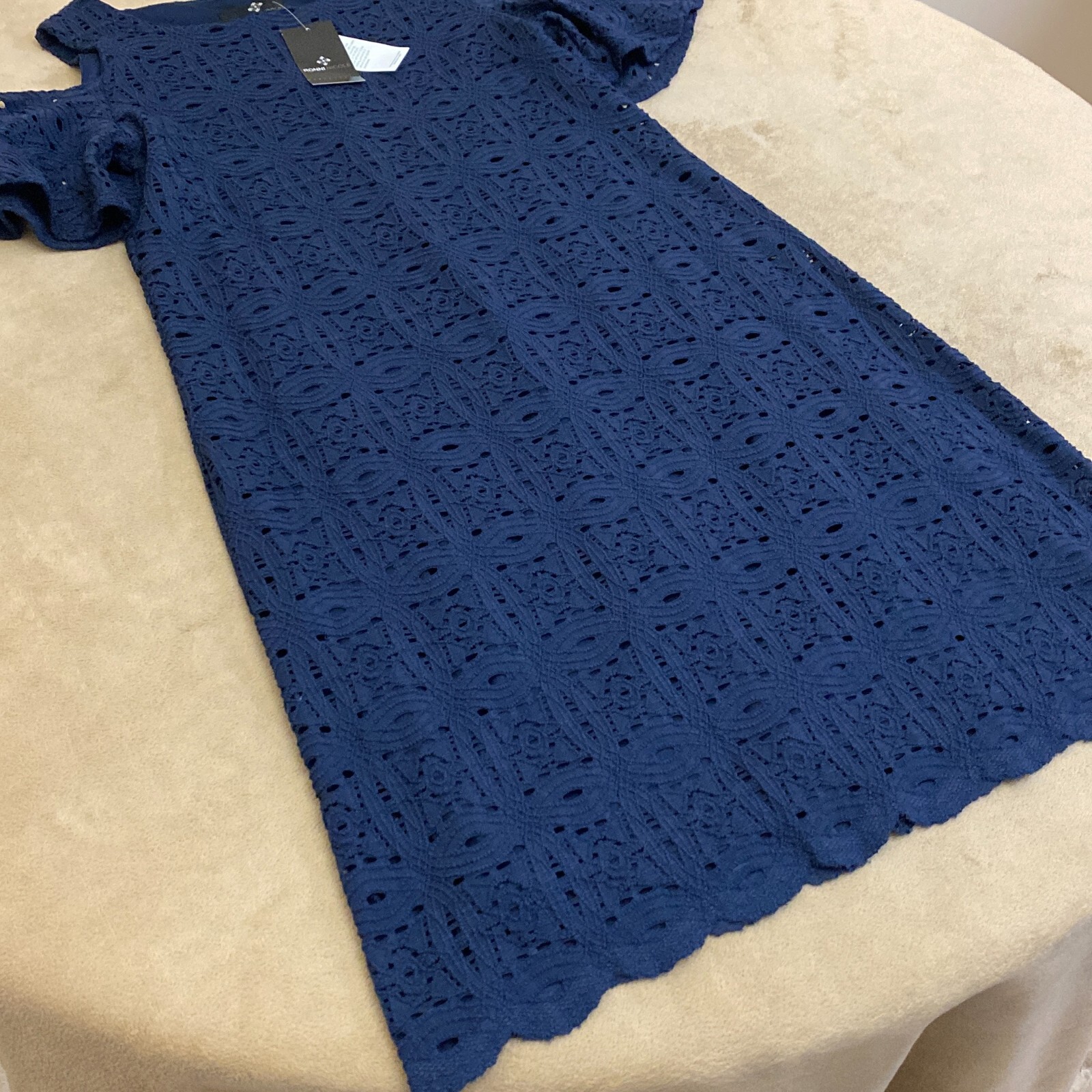 NWT Ronni Nicole Womens Navy Blue Cold Shoulder Sleeve Shift Dress Size Small