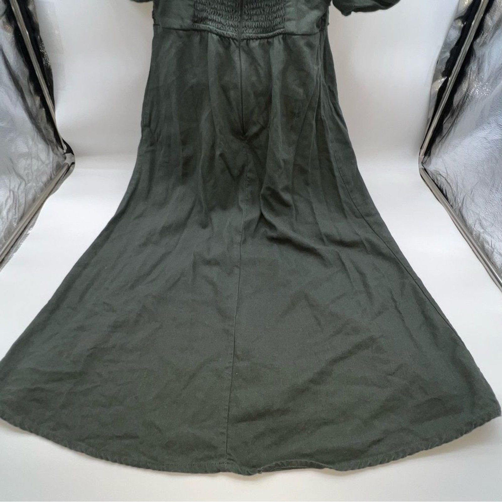 Mi Ami for Francesca’s Linen Blend Dk Green Puff Sleeve Midi Peasant Dress-Sz S