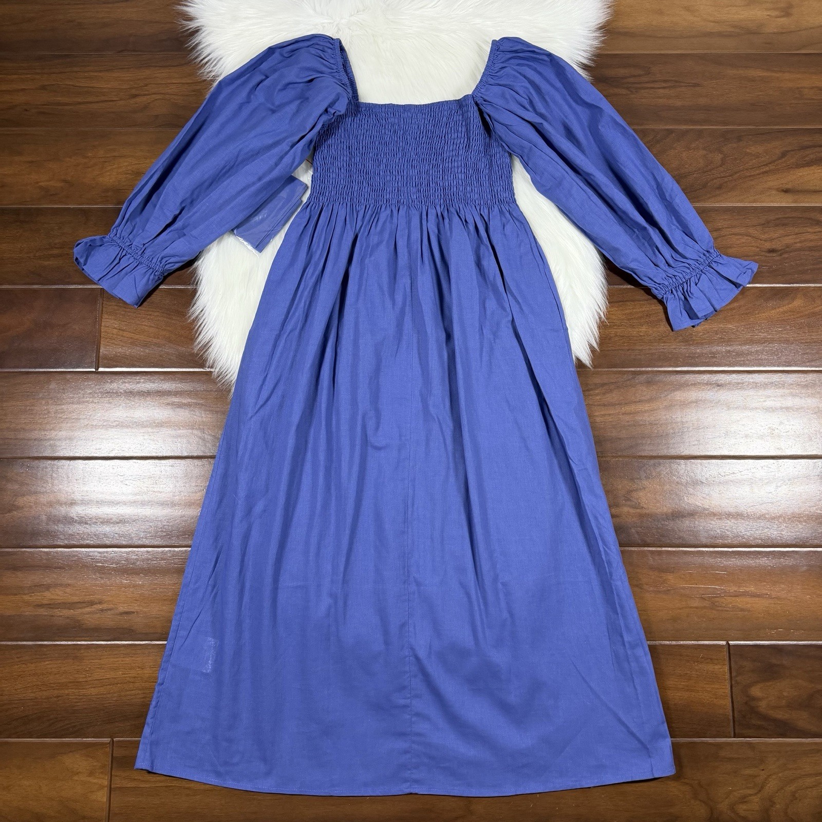 Few Moda Women’s Size Medium Blue Cotton Linen Blend Smocked Midi Dress Tie Belt