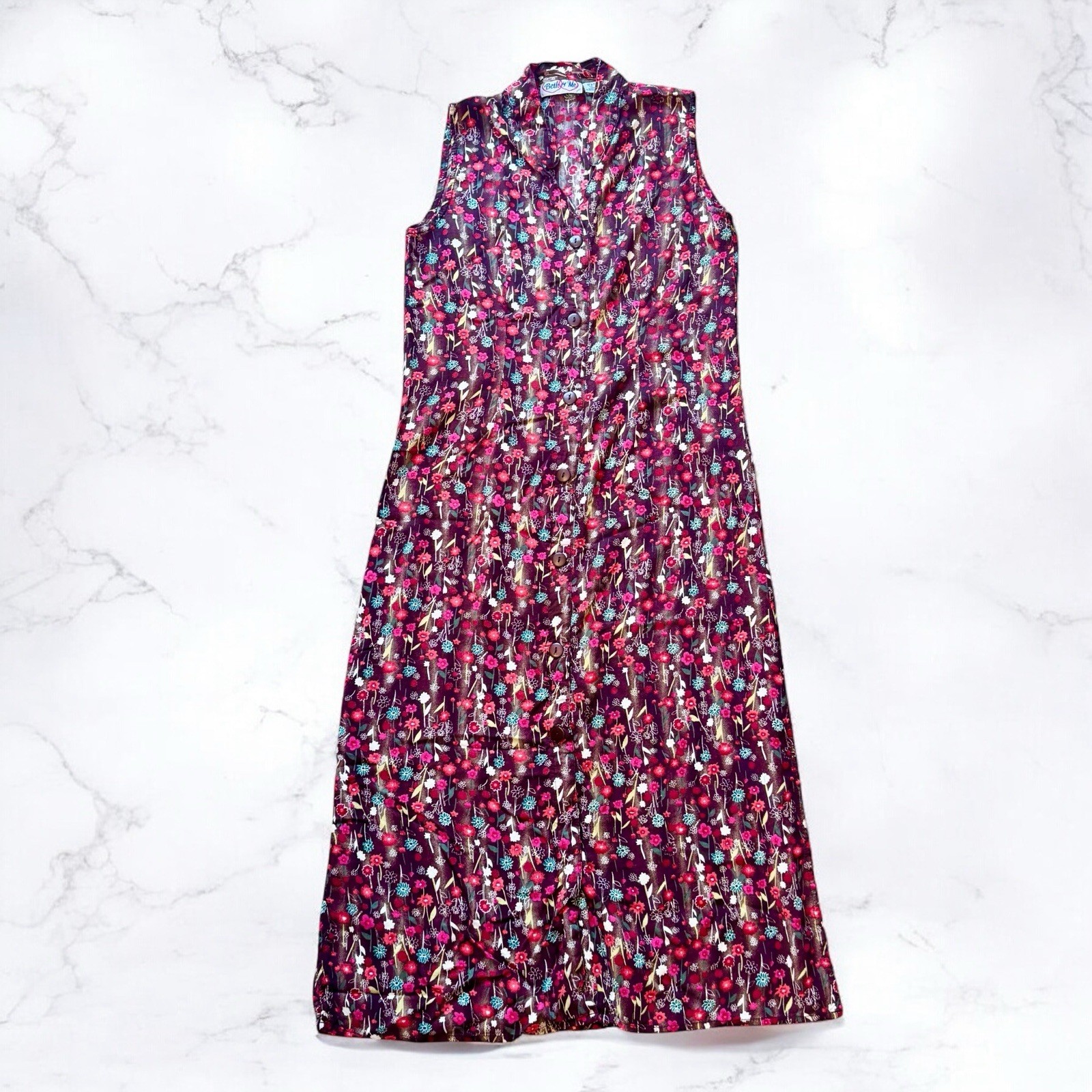 90s Vintage Midi Dress Womens M Cottage Boho Brown Pink Floral Button Up EUC