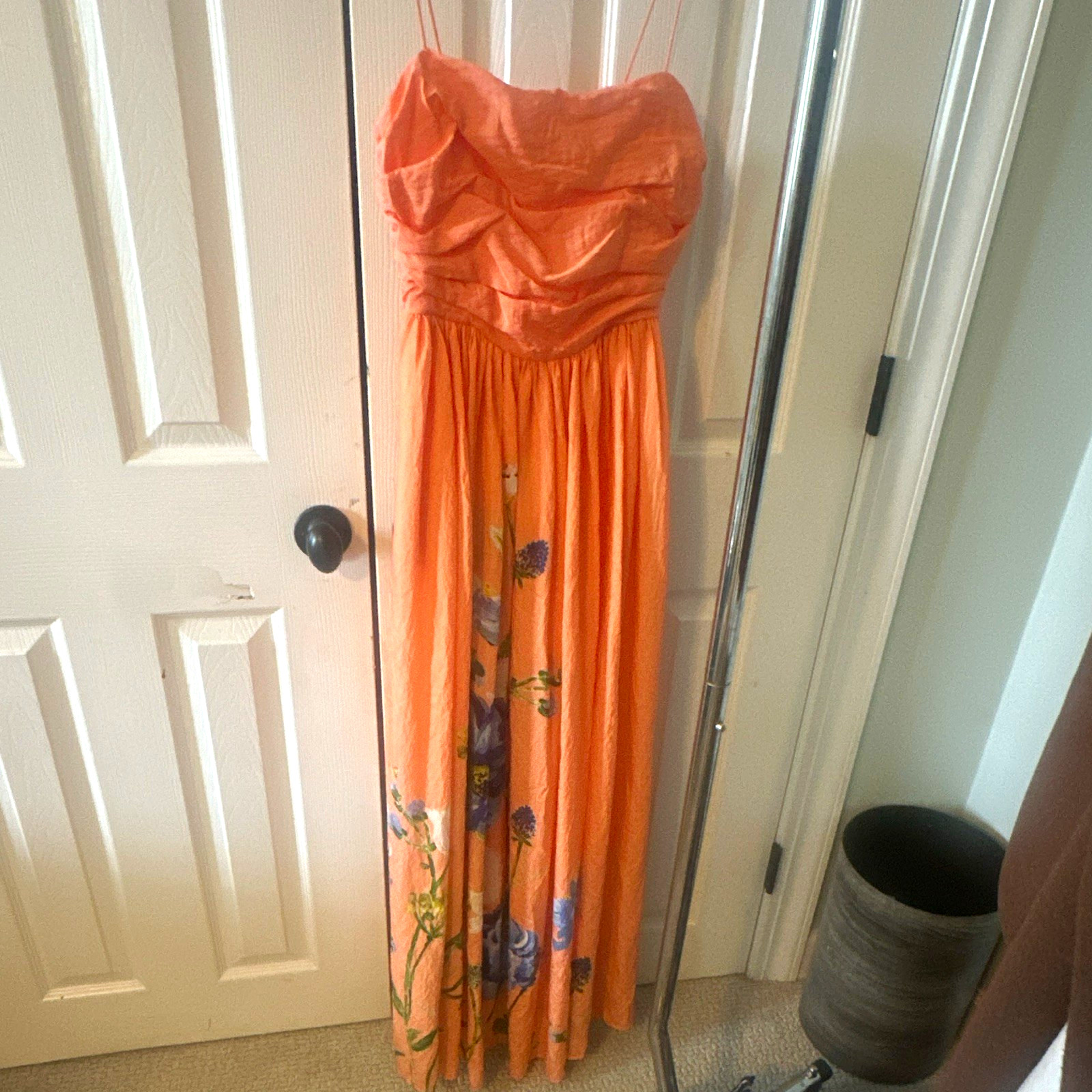 Anthropologie Womens XS Strapless Smocked Floral Maxi Dress Orange Blue