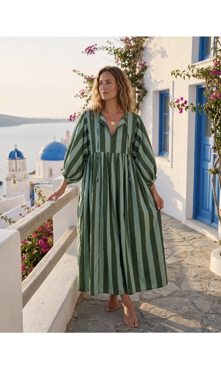 Green Striped Cotton Maxi Dress, Handmade Balloon Sleeve, Loose Fit Resort Wear,