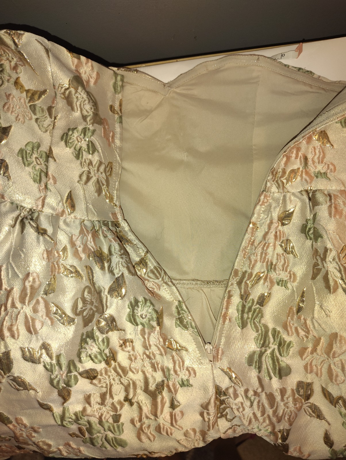 francesca’s Beige Pink Green Floral Jacquard Strapless fit & flare Mini Dress M