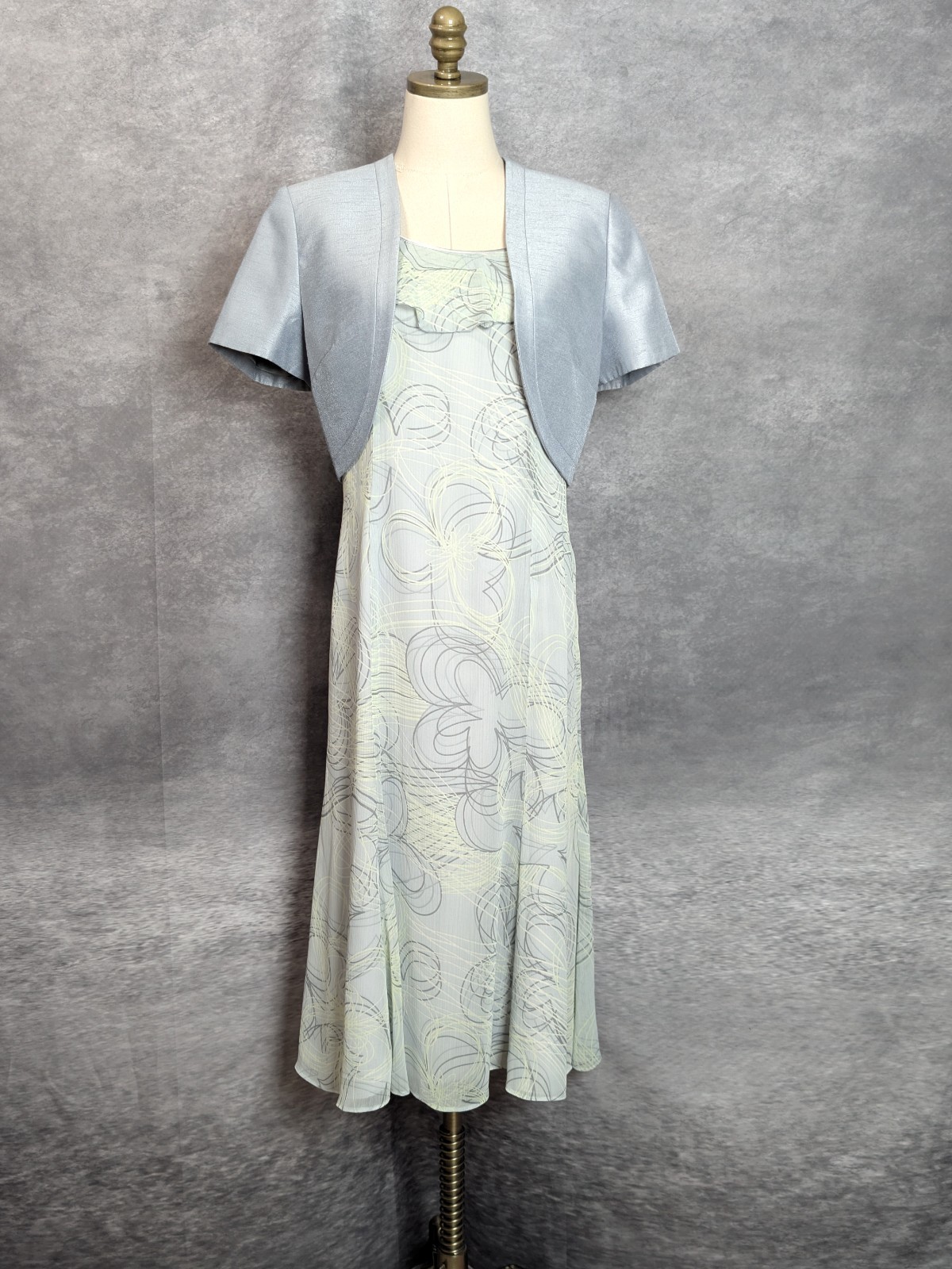 Vintage JACQUES VERT 2 pc Mother of Bride Midi Dress Bolero Jacket Set 8 Gray